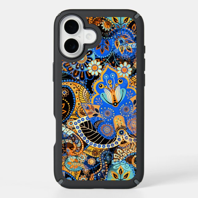 Turquoise Blue Orange Black Paisley Floral Art Speck iPhone Case (Front)
