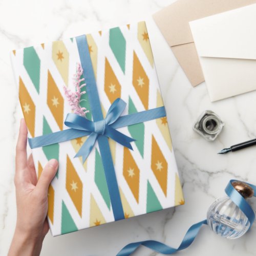 Turquoise Blue Orange Cream Diamond Star Argyle Wrapping Paper