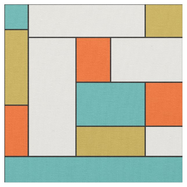 Turquoise Blue Orange Gold Color Block Mid-century Fabric (Close Up)