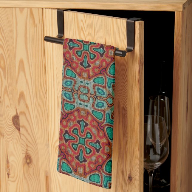Turquoise Blue Orange Red Green Bohemian Bali Art Kitchen Towel (Thirds Fold)