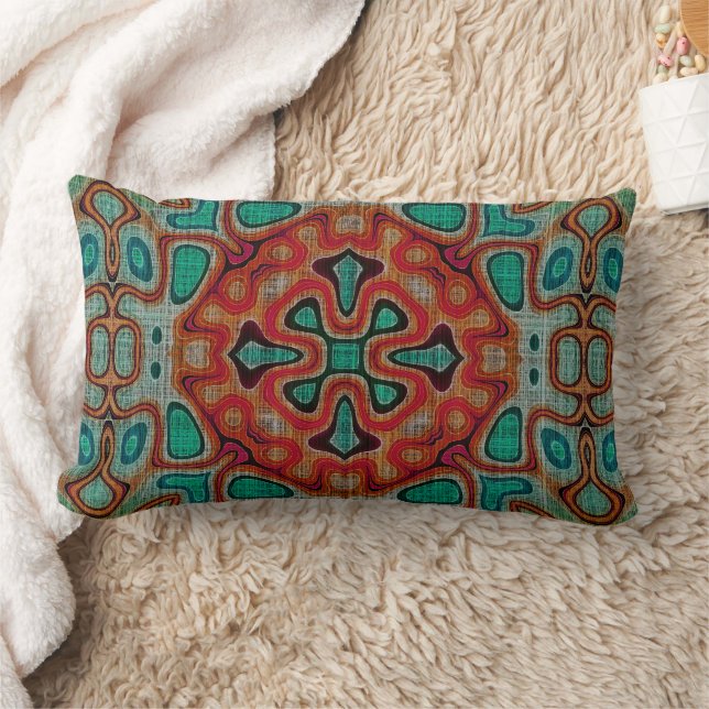 Turquoise Blue Orange Red Green Bohemian Bali Art Lumbar Pillow (Blanket)