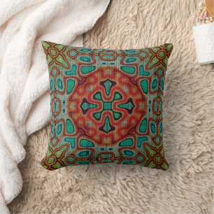 Turquoise Blue Orange Red Green Bohemian Bali Art Throw Pillow