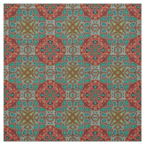 Turquoise Blue Orange Red Green Orient Bali Art Fabric