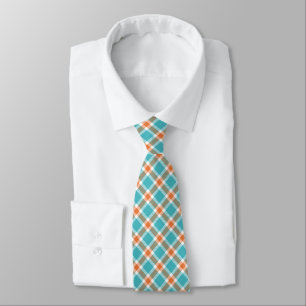Turquoise Blue, Orange & White Plaid Men's Tie