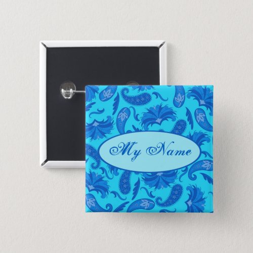 Turquoise  Blue Paisley Customized Name Tag Badge Button