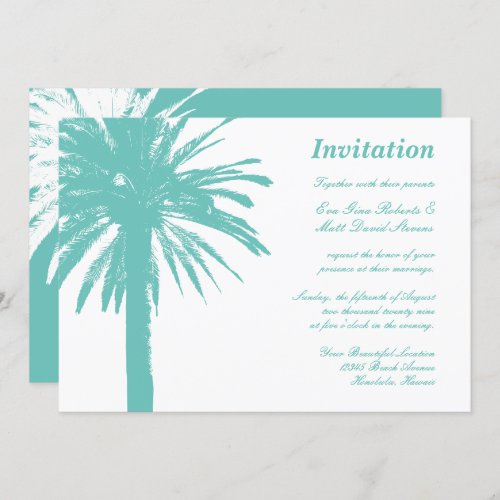 Turquoise blue palm tree beach wedding invitations