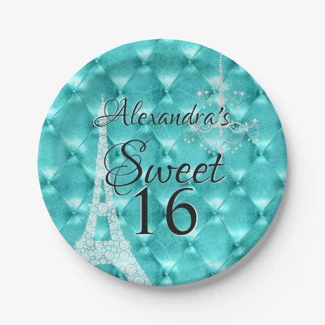 Turquoise Blue Paris Sweet Sixteen Birthday Party Paper Plates (Front)