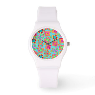 Turquoise Blue Patchwork Quilt Art Blocks Watch