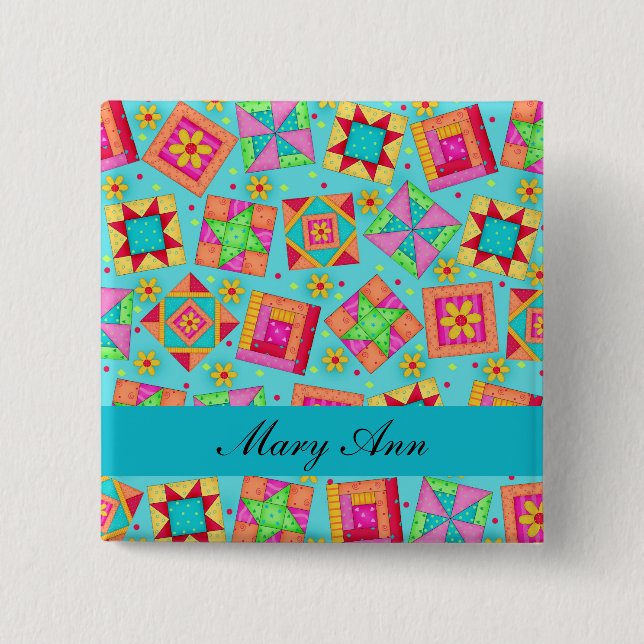 Turquoise Blue Patchwork Quilt Blocks Name Badge Button (Front)