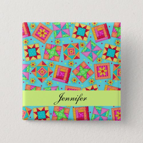 Turquoise Blue Patchwork Quilt Blocks Name Badge Button