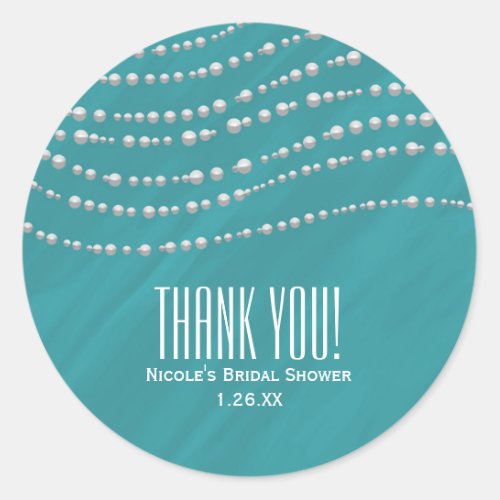 Turquoise Blue  Pearls Elegant Bridal Shower Classic Round Sticker