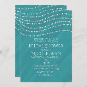 Turquoise Blue & Pearls Elegant Bridal Shower Invitation