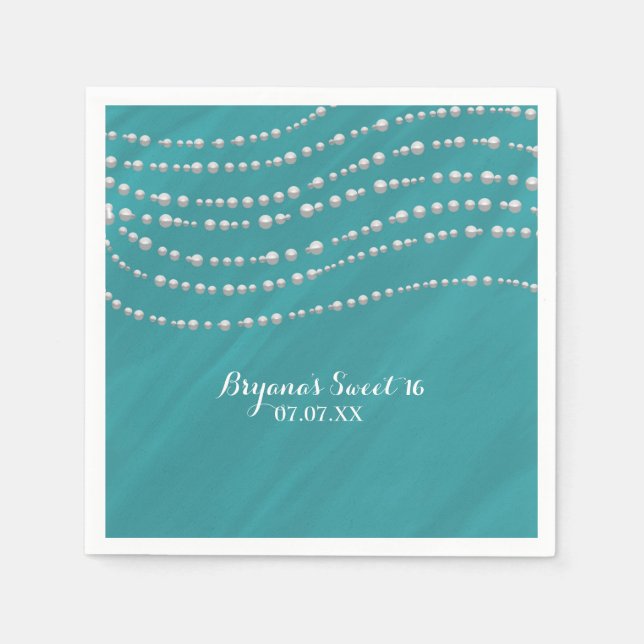 Turquoise Blue & Pearls Elegant Bridal Shower Paper Napkins (Front)