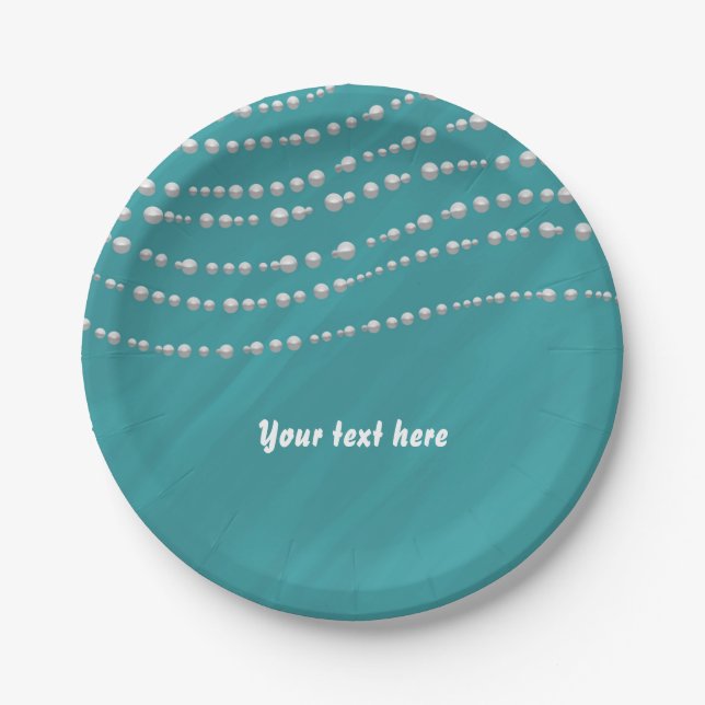 Turquoise Blue & Pearls Elegant Bridal Shower Paper Plates (Front)