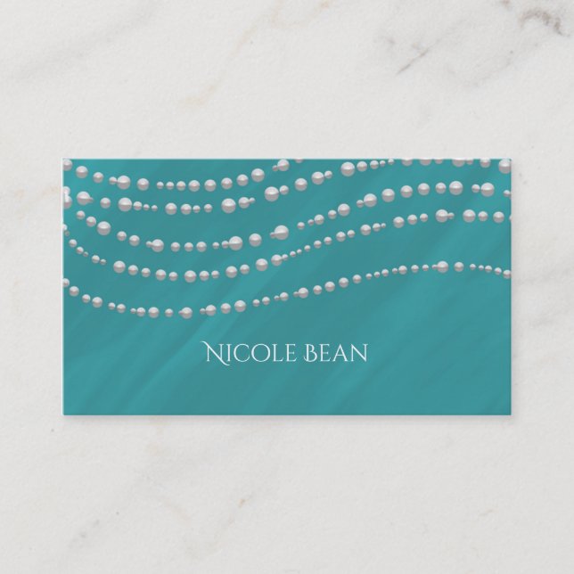 Turquoise Blue & Pearls Elegant Chic Business Card (Front)