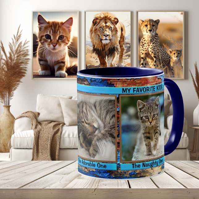 Turquoise Blue Personalized Funny Cats Photo Mug (Funny cat photo mug with a grunge artistic turquoise blue framing - kittens optional)