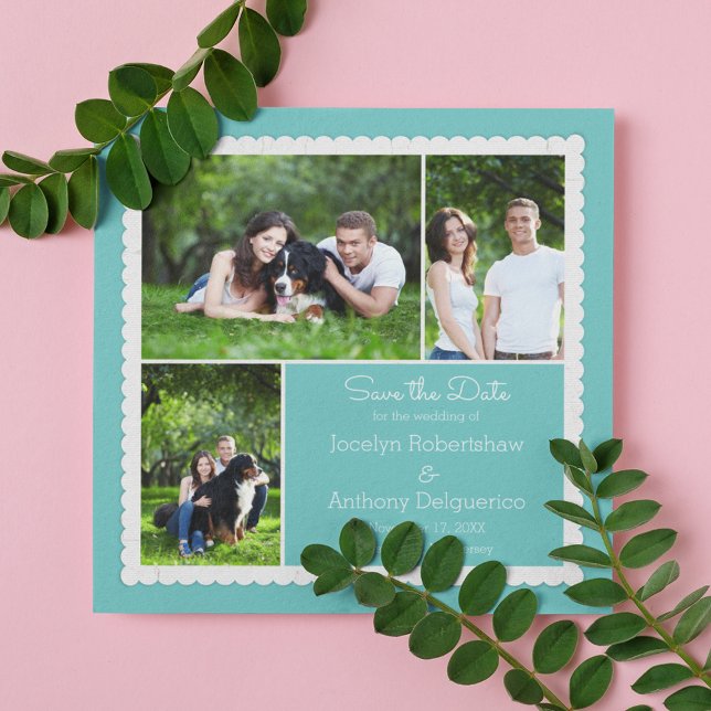 Turquoise Blue Photo Frame Collage Save the Date Invitation (Creator Uploaded)