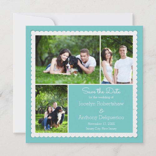 Turquoise Blue Photo Frame Collage Save the Date Invitation