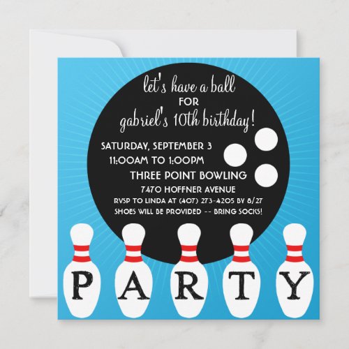 Turquoise Blue Pin Party Bowling Birthday Party Personalized Announcement