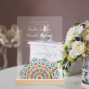  Turquoise Blue Pink Abstract Mandala Wedding Acrylic Invitations