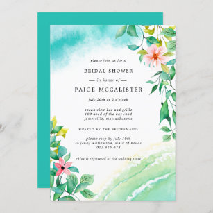 Turquoise Blue Pink Floral Botanical Bridal Shower Invitation