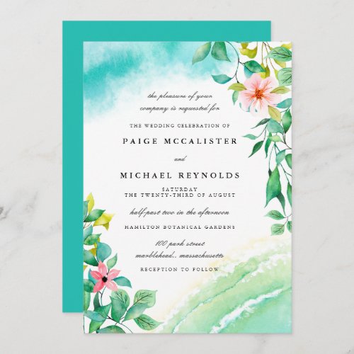 Turquoise Blue Pink Floral Botanical Wedding Invitation