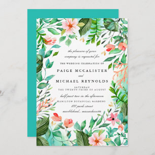 Turquoise Blue Pink Floral Botanical Wedding Invitation