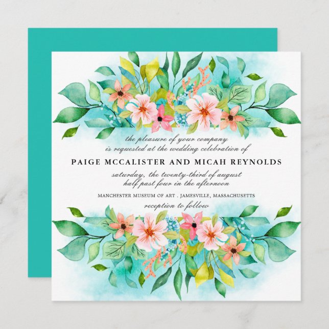 Turquoise Blue Pink Floral Botanical Wedding Invitation (Front/Back)