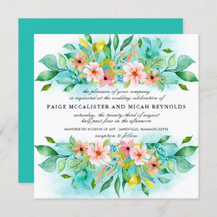 Turquoise Blue Pink Floral Botanical Wedding Invitation