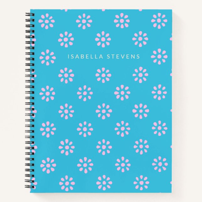 Turquoise Blue Pink Flowers Personalized Name Notebook (Front)
