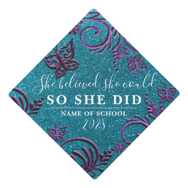 Turquoise Blue Pink Glitter Grad Floral Butterfly Graduation Cap Topper
