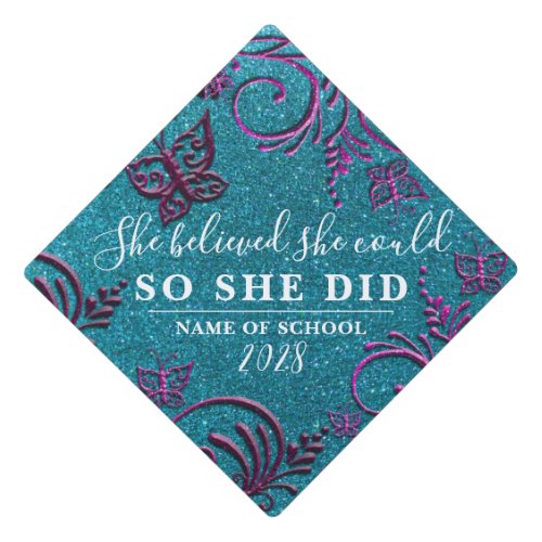 Turquoise Blue Pink Glitter Grad Floral Butterfly Graduation Cap Topper