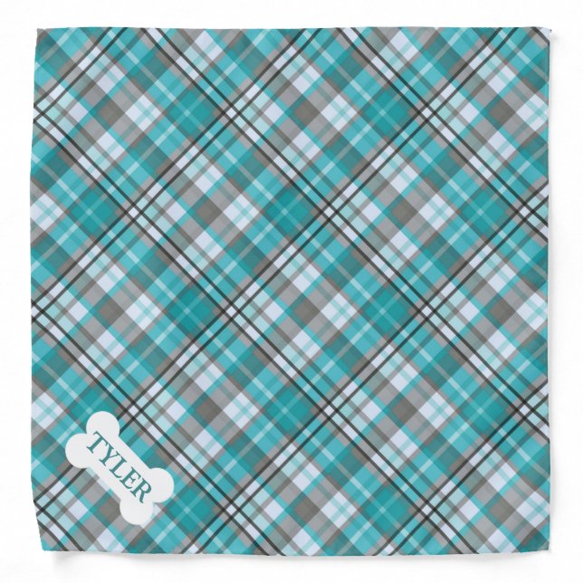 Turquoise Blue Plaid Custom Name Dog Bandana (Front)