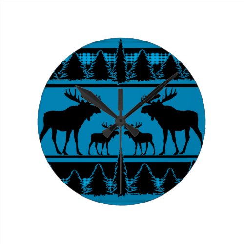 Turquoise blue plaid moose rustic pattern round clock