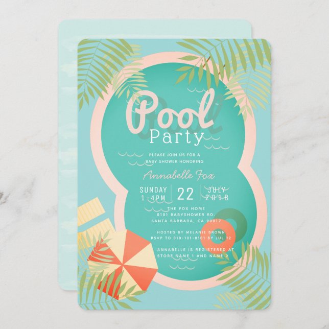 Turquoise Blue Pool Party Baby Shower Invitation (Front/Back)