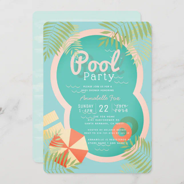 Turquoise Blue Pool Party Baby Shower Invitation | Zazzle