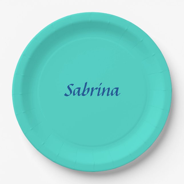 Turquoise Blue Professional Modern Elegant Name Paper Plates (Front)