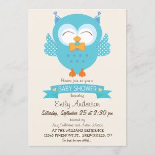 Turquoise Blue & Purple Boy Owl Baby Shower Invitation