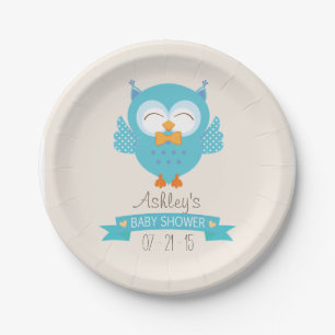 Turquoise Blue & Purple Boy Owl Baby Shower Paper Plates