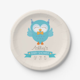 Turquoise Blue & Purple Boy Owl Baby Shower Paper Plates