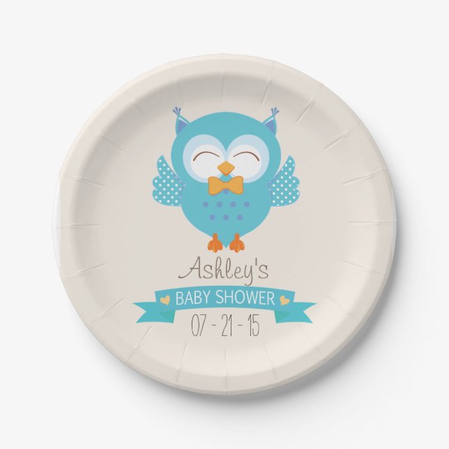 Turquoise Blue & Purple Boy Owl Baby Shower Paper Plates (Front)