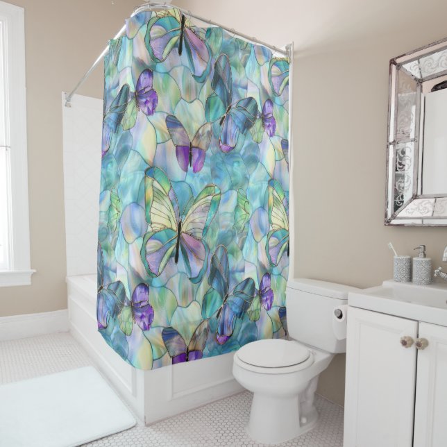 Turquoise Blue Purple Butterflies Shower Curtain (In Situ)
