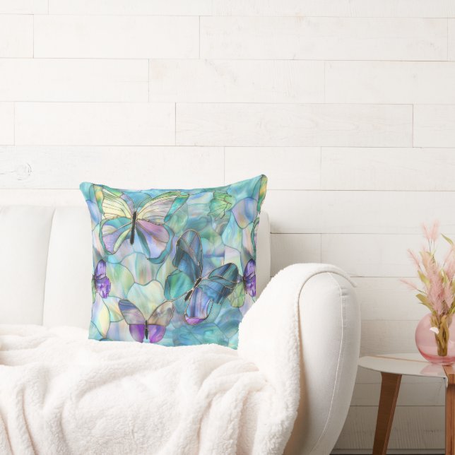 Turquoise Blue Purple Butterflies Throw Pillow (Couch)