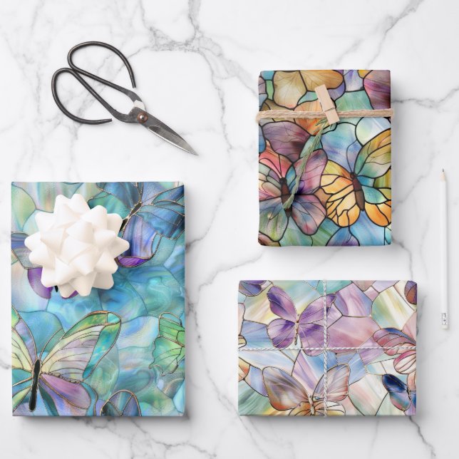 Turquoise Blue Purple Butterflies Wrapping Paper Sheets (Front)