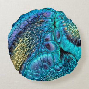 Turquoise blue purple gold Dragon skin Abstract Round Pillow