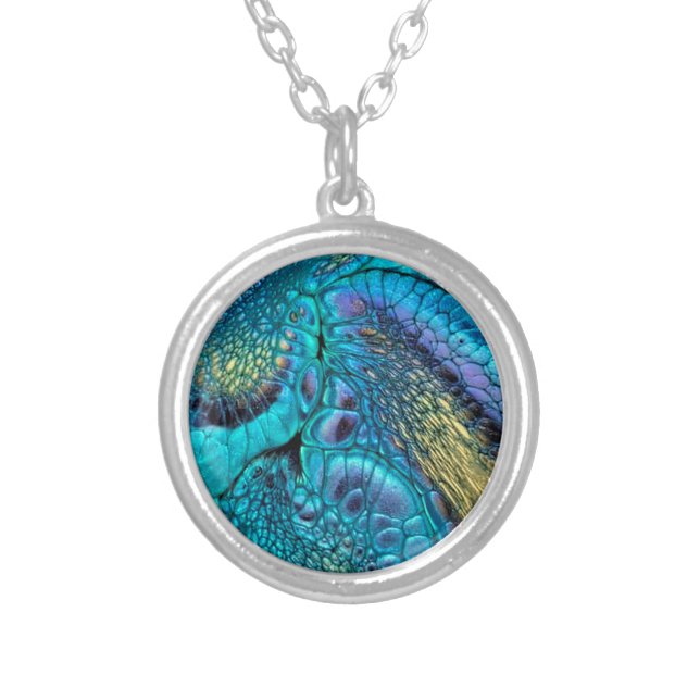 Turquoise blue purple gold Dragon skin Abstract  Silver Plated Necklace (Front)