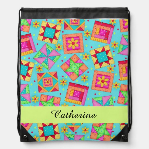 Turquoise Blue Quilt Patchwork Block Art Name Drawstring Bag