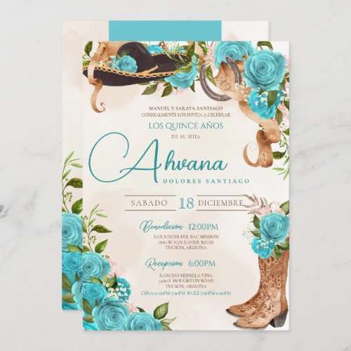 Turquoise Blue Quinceaera Charra Western Rose Invitation