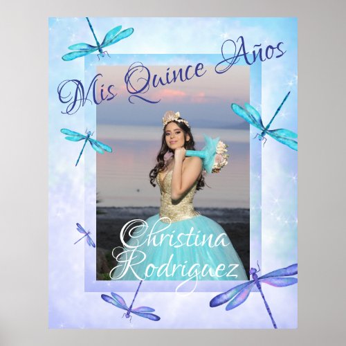 Turquoise  Blue Quinceaera Poster w Dragonflies