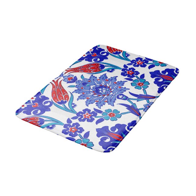 Turquoise Blue Red Ancient Turkish Floral Tile Bathroom Mat (Angled)